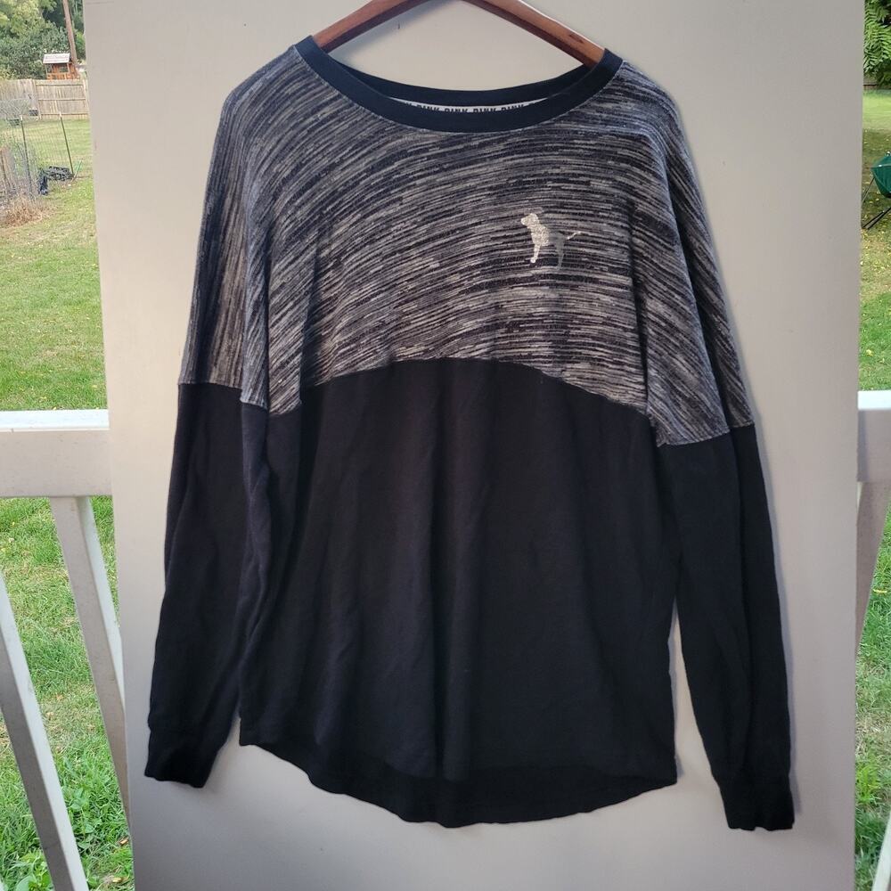 Victoria Secret Sz Large LOVE PINK Sweatshirt‎ Gray Black Rainbow Spell Out